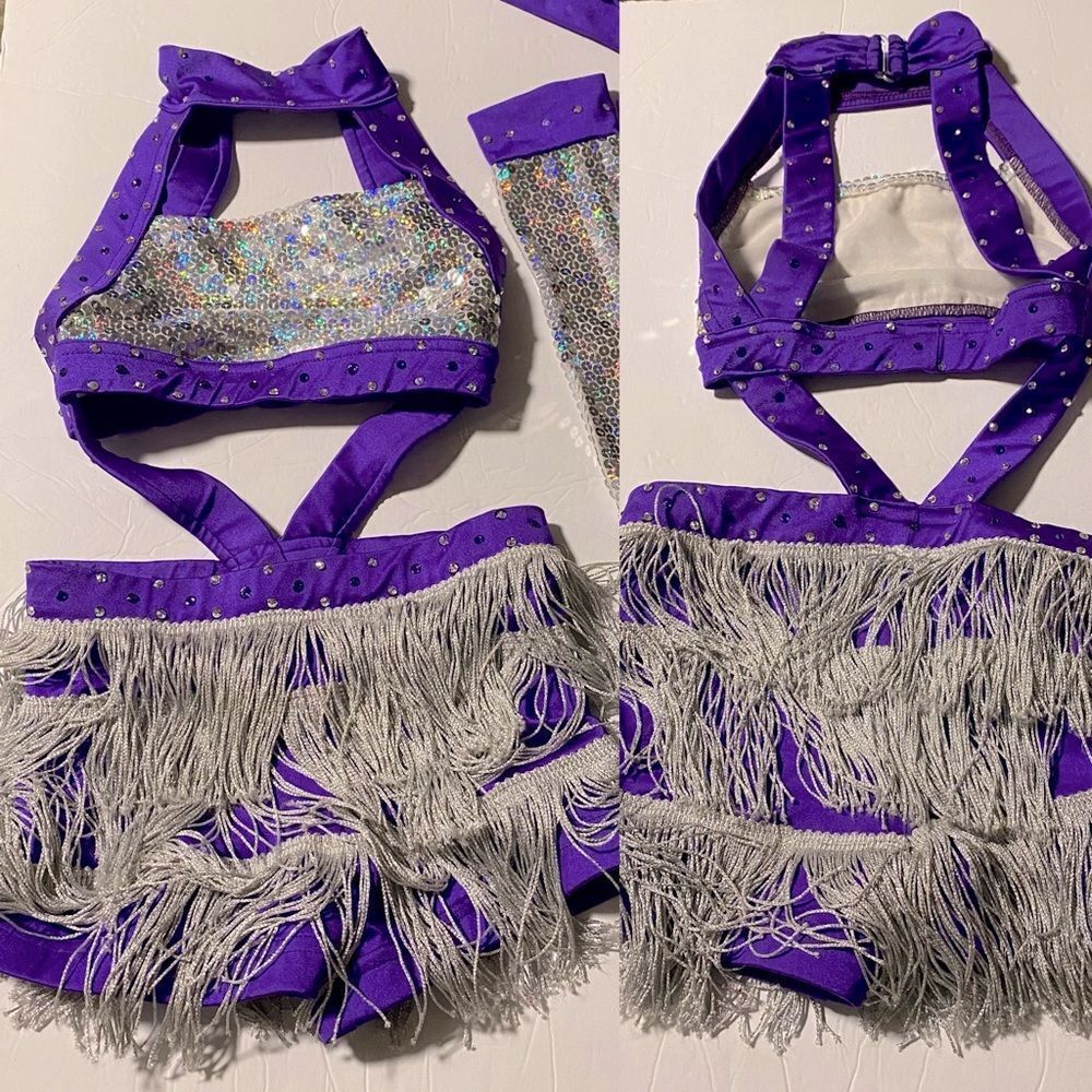 Custom Pleasers Glamorous dance costume purple sequin rhinestone fringe LC child